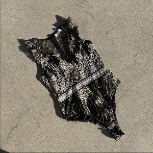 Hello Molly black floral crystal sequin stone ruffle mesh sleeveless bodysuit